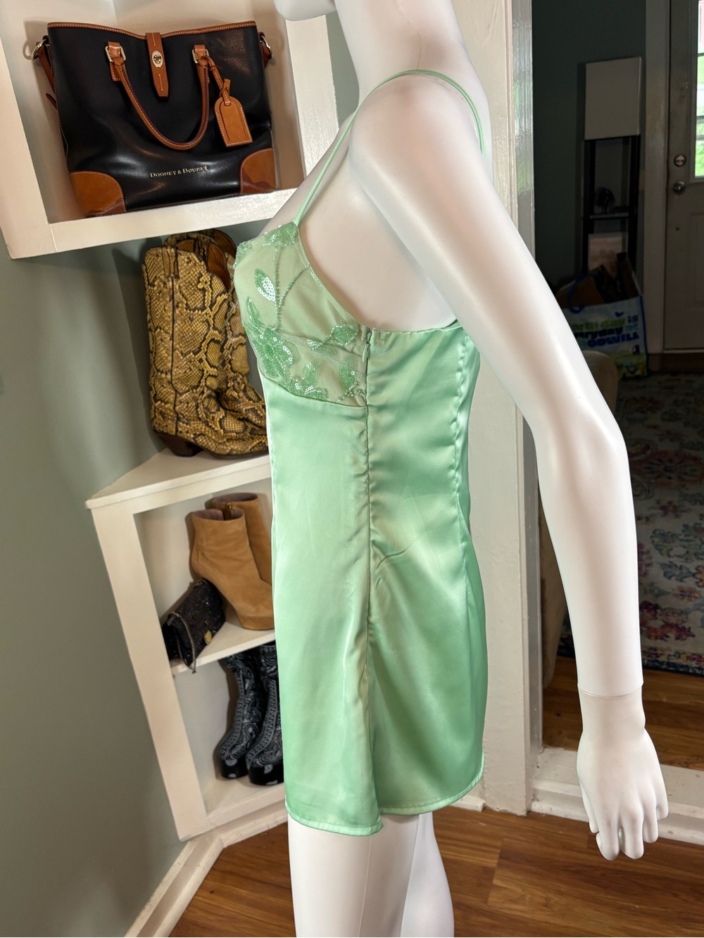 NWT New Peppermayo Zion Beaded Mini Slip Cami Dress Sage Mint Green Satin Sz 6 - Picture 12 of 14